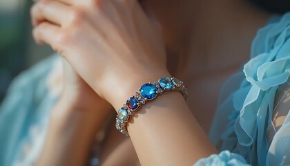 Close-up of a woman's hand wearing a luxury gemstone bracelet, natural daylight, elegant fashion jewelry photography, lifestyle stock photo, soft and warm tones