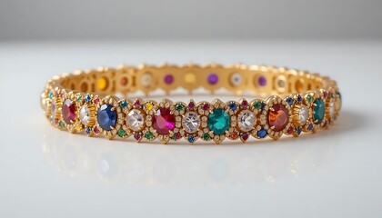 High-end gold bracelet with colorful gemstones, isolated on a clean white background, professional jewelry photography, commercial product shot, high detail, stock photo style