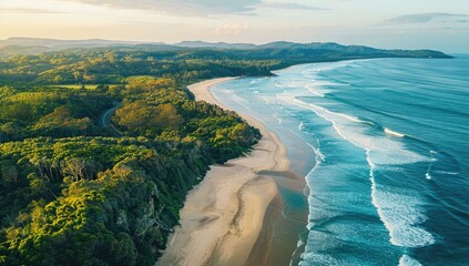 Aerial view of a secluded beach at sunset, showcasing a pristine coastline with lush green vegetation meeting a sandy shore and turquoise ocean waves