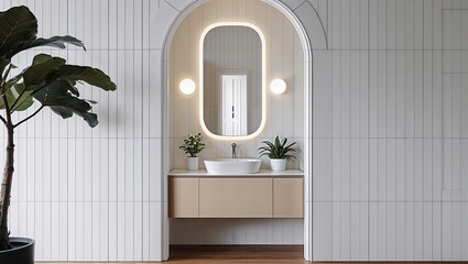 a modern interior design style, featuring a minimalist bathroom layout. The focal point is an arched doorway leading to a small, elegant wash area.