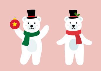 Set of Cute christmas polar bear flat vector illustration. 
Polar bear character wearing a Christmas black top hat.
Good for greeting card, banner, flayer, leaflet, poster. 