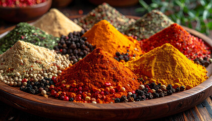 A pile of dried spices and herbs are arranged in small mounds on a wooden tray.