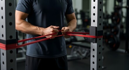 A strong male athlete focuses on his fitness training, using a red resistance band attached to a squat rack to perform a challenging and effective strength-building exercise.