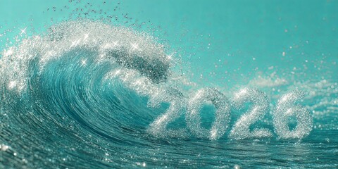 Abstract ocean wave with sparkling white foam forming the glowing numbers &ldquo;2026&rdquo;. Festive summer holiday concept symbolizing new year, celebration and fresh start.