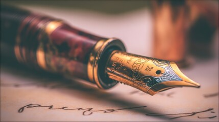nib. Elegant fountain pen resting on a textured surface, captured from an overhead angle with warm lighting for a sophisticated look. lifestyle magazines.
