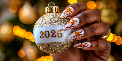 Woman&rsquo;s hand with elegant festive manicure holding a sparkling Christmas ornament with golden decoration and number 2026. Luxury holiday celebration concept with bokeh lights background.