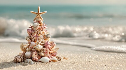 Creative Christmas tree made from seashells, corals and starfish on sandy beach with ocean waves in background. Tropical holiday concept, summer Christmas decoration.