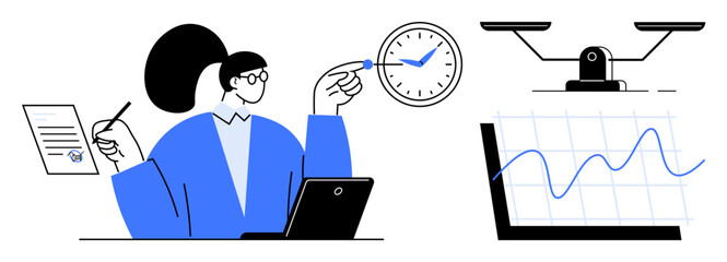 Professional analyzing documents and balancing tasks while monitoring a clock, graph, and scale. Ideal for productivity, efficiency, planning, decision-making, analysis, balance management simple