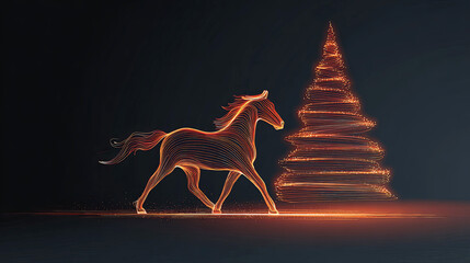 Minimalist glowing silhouette of a running horse made of fiery light lines next to a sparkling Christmas tree on dark background. Futuristic holiday design symbolizing 2026 Fire Horse year.