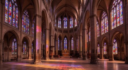 Obraz premium Grand Gothic Cathedral Interior with Colorful Stained Glass Windows and Tall Arched Columns