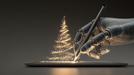 Robotic hand drawing a glowing Christmas tree with sparkles on a digital tablet. Futuristic holiday concept combining artificial intelligence and festive celebration.