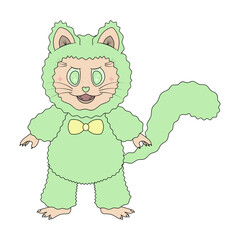 Kitten male with green fur and stylish yellow bow tie. Color vector illustration. Isolated white background. Cartoon. Cat with green sparkle in eyes with fangs, whiskers and tail. 