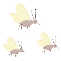 Three mosquitoes. Brown blood-sucking insect with a sharp proboscis and yellow wings. Color vector illustration. Flat style. Creature with antennae, carrier of diseases. Isolated white background. 