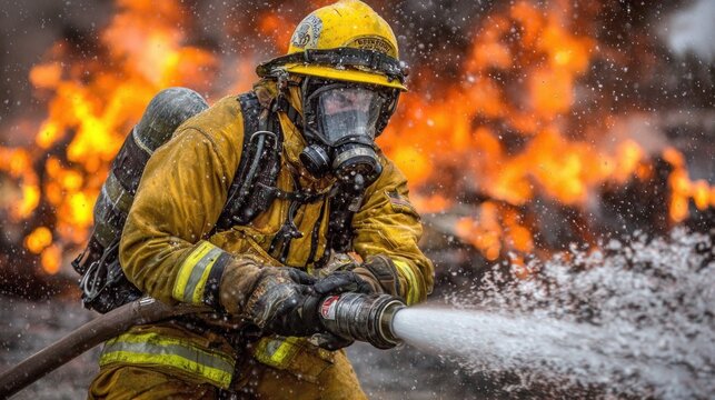 A firefighter in full gear, spraying water from a hose in front of a raging fire.