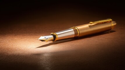 nib. Elegant fountain pen resting on a textured surface, captured from an overhead angle with warm lighting for a sophisticated look. lifestyle magazines.