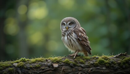 Wild owl portrait in natural habitat, perched on a moss-covered log, shallow depth of field, isolated subject, commercial wildlife stock photography.