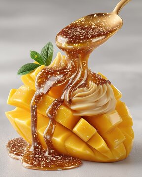Half-eaten mango on sun-kissed skin with spoon
