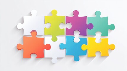 Eight colorful jigsaw puzzle pieces, with shadows, arranged against a light white background
