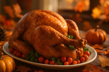 Close-Up of Golden Roasted Turkey with Autumn Decorations