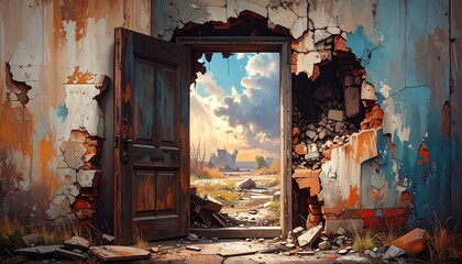 Broken wall revealing a beautiful sky