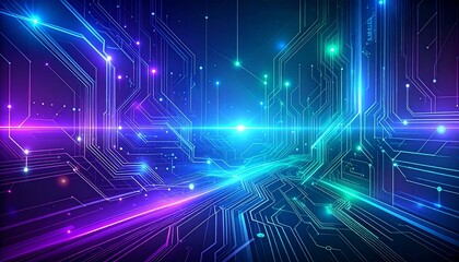 Obraz premium Abstract technology background with glowing circuit board lines and vibrant colors.