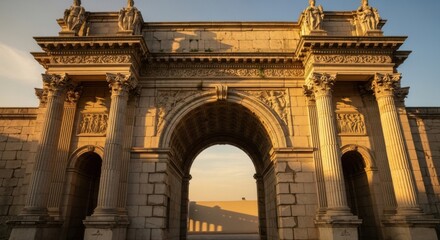 Obraz premium Historical Stone Archway with Ornate Classical Columns and Sculptures at Sunset