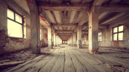 Fototapeta premium A dilapidated, abandoned building with exposed wooden beams and peeling paint, featuring large windows and a concrete floor.