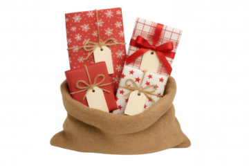 Holiday season presents filling a rustic burlap sack, wrapped in festive paper with ribbon and twine, featuring blank gift tags