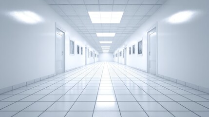 A long, white corridor with white walls, tiled floor, and fluorescent lighting.