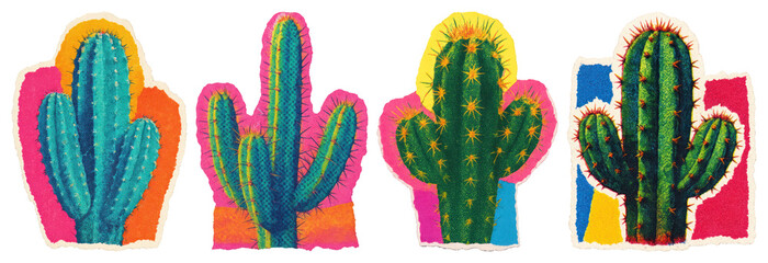 PNG Vibrant colorful cactus illustrations, element set on transparent background