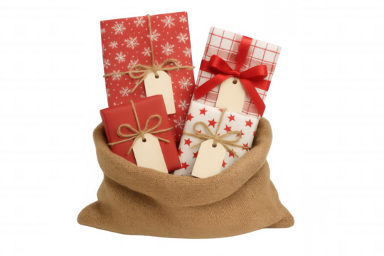 Holiday season presents filling a rustic burlap sack, wrapped in festive paper with ribbon and twine, featuring blank gift tags