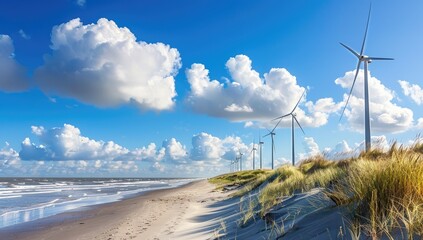 Sunny coastal scene with a line of wind turbines on a sandy beach backed by dunes under a partly cloudy blue sky