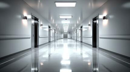 Naklejka premium A long, empty hospital hallway with white walls, silver doors, and fluorescent lighting.