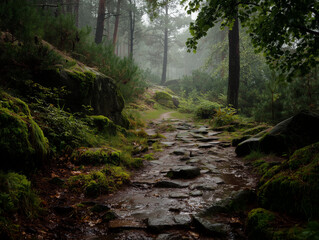 Realistic photo of a misty forest path after rainfall, damp mossy stones, raindrops glistening on leaves, soft diffused light creating a moody atmosphere