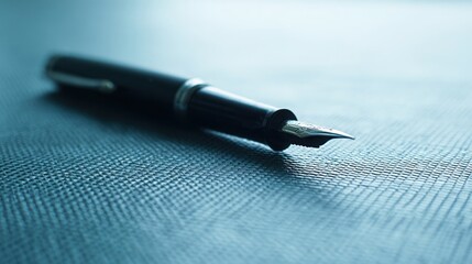 nib. Elegant fountain pen resting on a textured surface, captured from an overhead angle with warm lighting for a sophisticated look. lifestyle magazines.