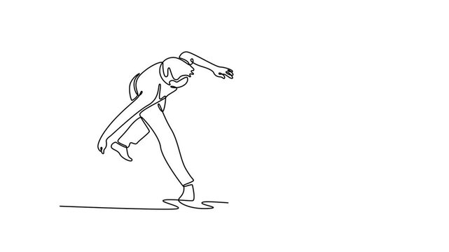 Animated self drawing continuous line draw two people engaged in intricate dance of Capoeira, with one figure evading and other observing, martial arts fluid strategy. Full length one line animation