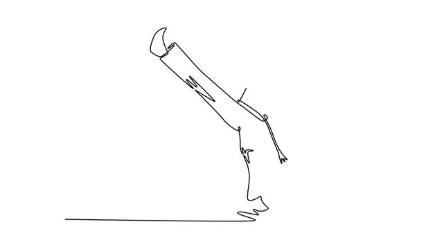 Self drawing animation of single line draw active man delivers powerful high kick while shouting, highlights the action, energy, and intensity of Capoeira. Continuous line draw. Full length animated