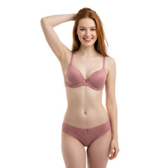 Fototapeta premium Elegant portrait of a confident young woman modeling delicate mauve lingerie set in studio