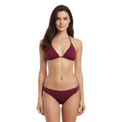Fototapeta premium Elegant woman in maroon bikini showcasing poise against isolated transparent setting