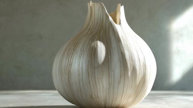 An artisan shapes a unique ceramic vase resembling a garlic bulb in a well lit studio, showcasing intricate details and craftsmanship