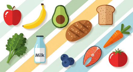 Flat lay illustration of healthy foods including fruits vegetables and protein sources