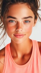 Portrait of Young Woman with Freckles in Pink Top