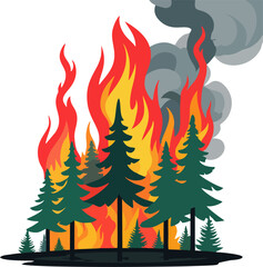 Minimalist Vector Art of Wildfire Burning Dense Pine Forest with Thick Smoke – Environmental Disaster and Climate Change Illustration