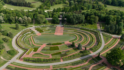 Panoramic aerial shot of amphitheater and greenery in Poznan Poland