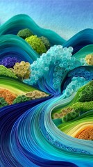 Paper quilling abstract waves of flowing ribbon-like strips in gradient shades of teal, emerald, and sky blue, curling and intertwining with fluid movement, 3D depth, intricate detail, textured layers
