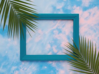 Teal picture frame centered on a blue and pink textured background with green palm leaves