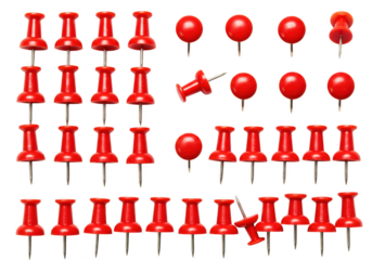 Collection of red push pins arranged in rows and groups on a dark surface transparent background