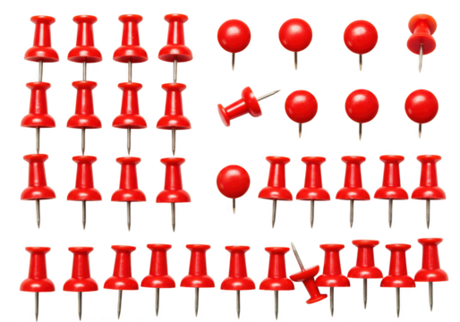 Collection of red push pins arranged in rows and groups on a dark surface transparent background