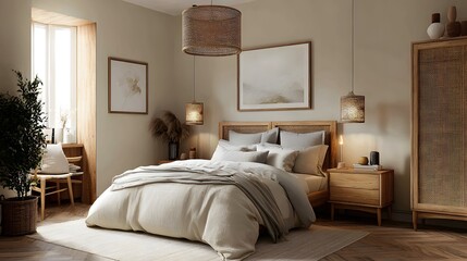 Fototapeta premium Bohemian bedroom with natural textures and warm lighting, creating a cozy and inviting atmosphere