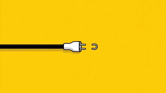 A minimalist illustration on a yellow background shows a black cord with a detached plug and socket